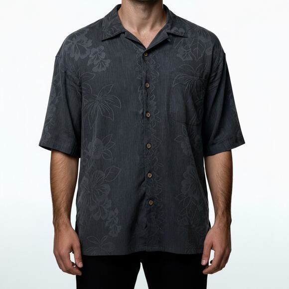 Tommy Bahama Shirt XL Charcoal Gray Silk Floral Camp Button Down Short Sleeve - Picture 1 of 13